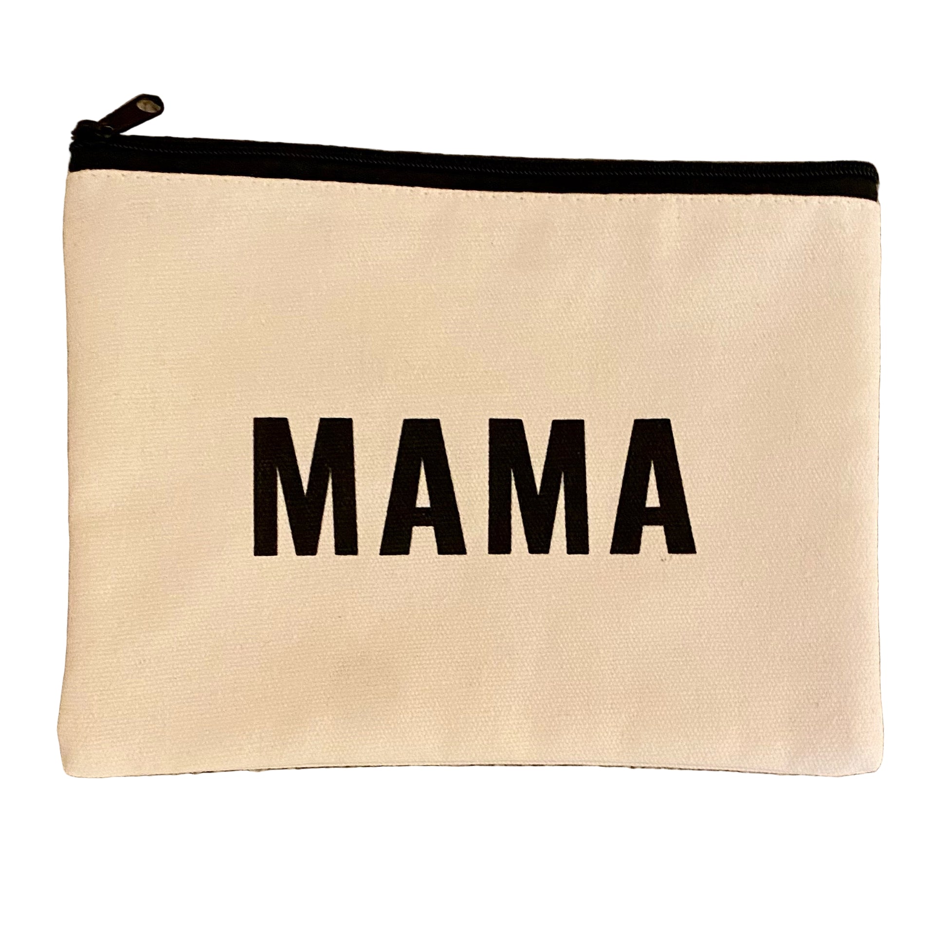 Beige pouch with 'MAMA' printed on it on a beige carpet background