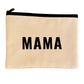 Beige pouch with 'MAMA' printed on it on a beige carpet background